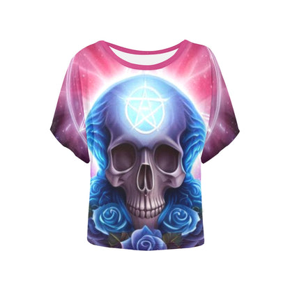 Purple Batwing-Sleeved T-shirt with Skull and Roses