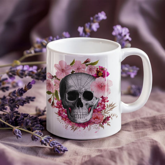 Flowering Skull Mug, Pink Flowers