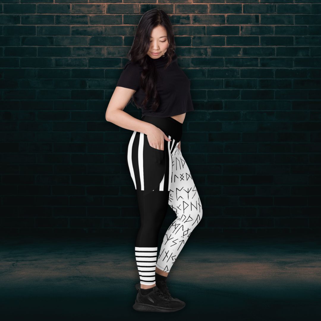 Black and white striped rune leggings with pockets