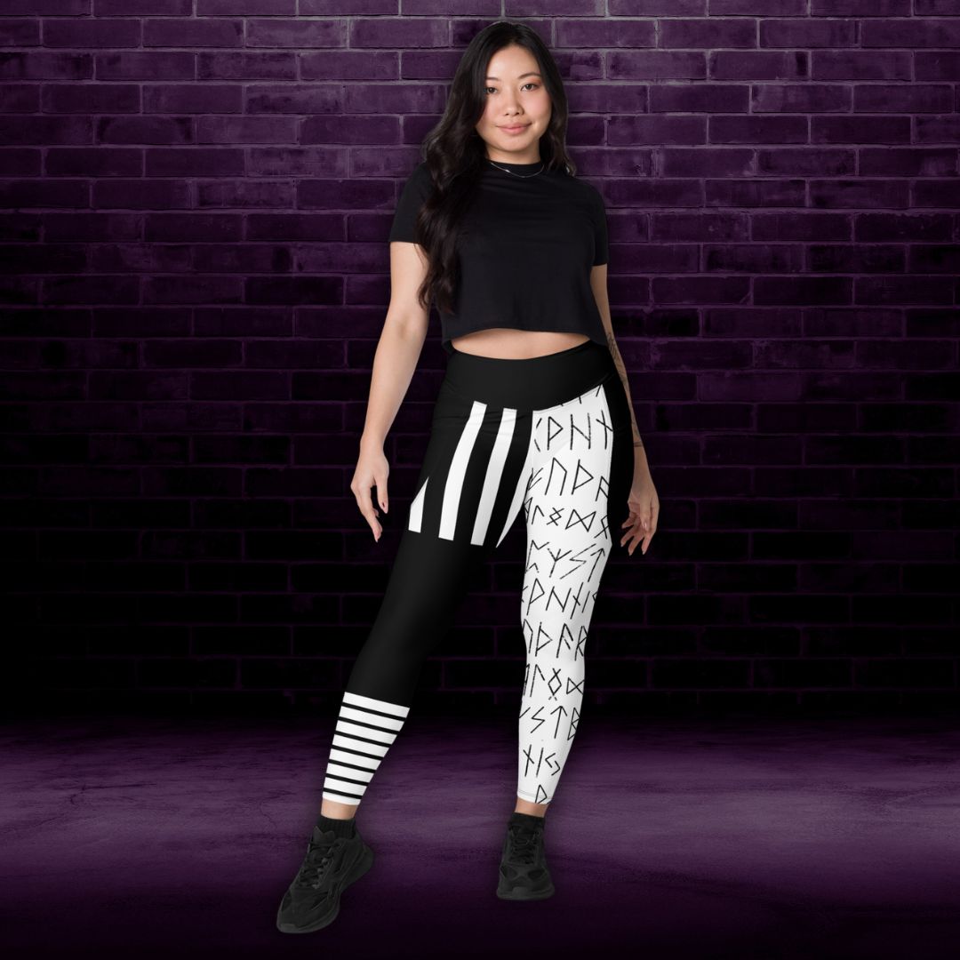 Black and white striped rune leggings with pockets