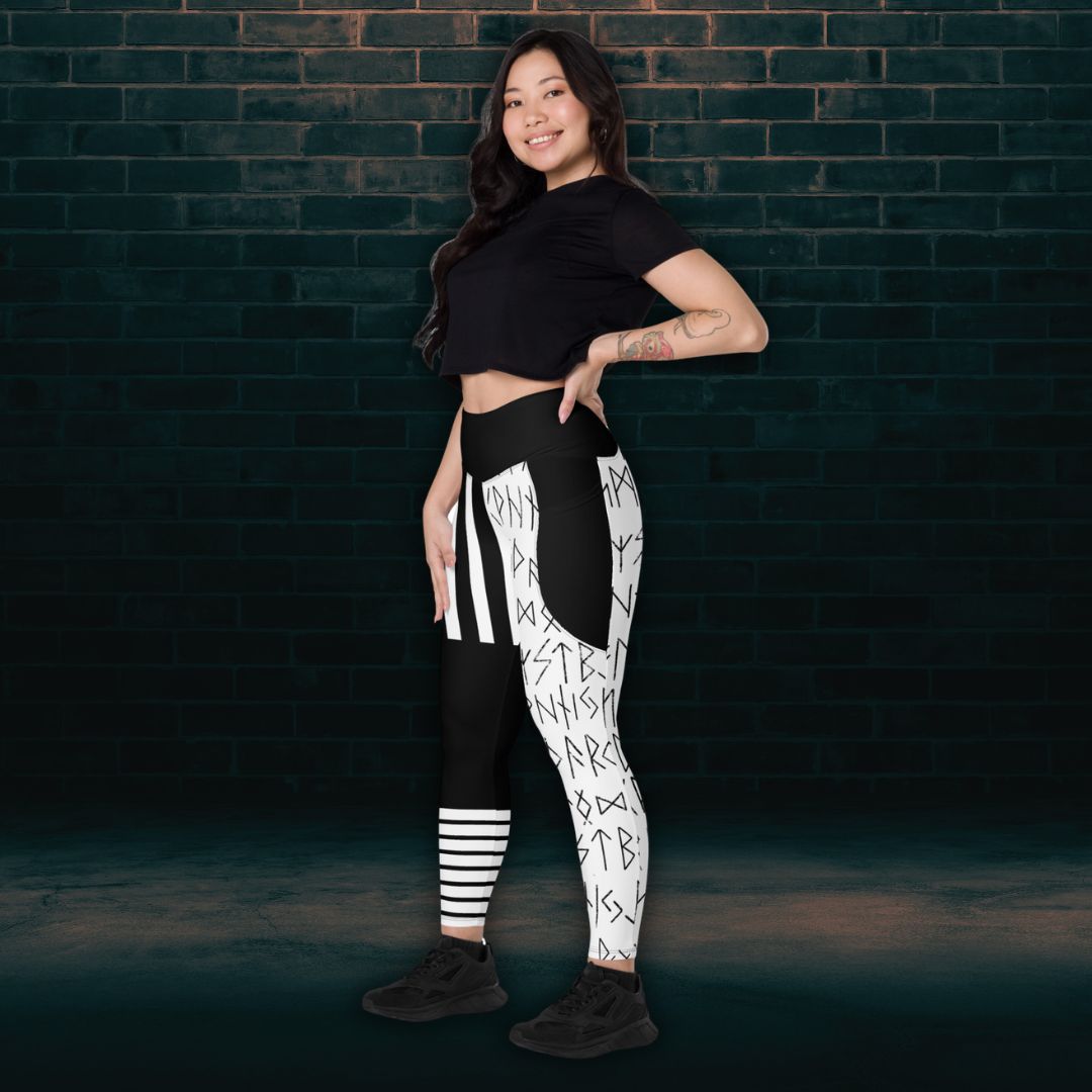 Black and white striped rune leggings with pockets